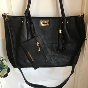 NWOT Large Black Leather Tote Purse w/ Gold Accent